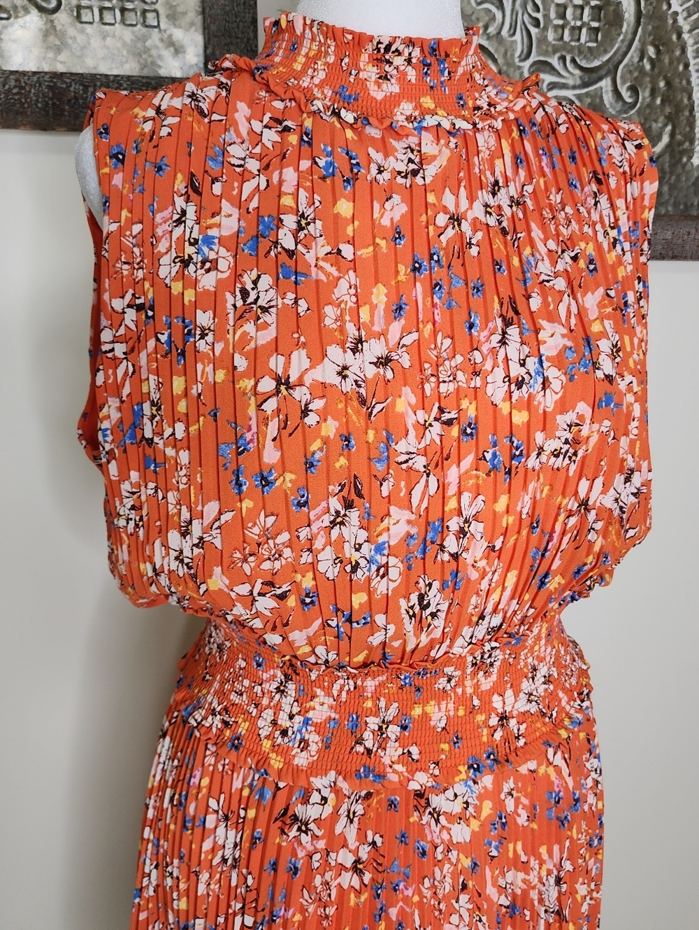 Nanette Lapore Orange Floral Pleated Sleeveless Drop Waist Midi Dress Sz12 Party - Picture 2 of 14